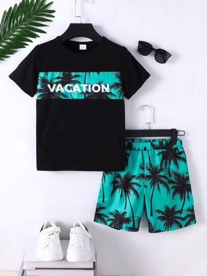 2pcs/Set Tween Boys Summer Hawaiian Coconut Tree Letter Print Knit Short Sleeve T-Shirt And Shorts Outfit