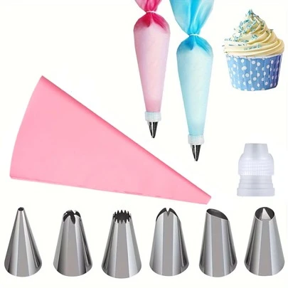 Set de decoración de tortas de 8 piezas que incluye 6 boquillas de tuberías, 1 bolsa de tuberías, 1 convertidor, boquillas de crema de acero inoxidable, boquilla de tuberías para crema de pastel y bolsa de pastelería reutilizable, para postres, galletas, cupcakes, accesorios de cocina, herramientas de horneado, suministros de decoración de pasteles DIY