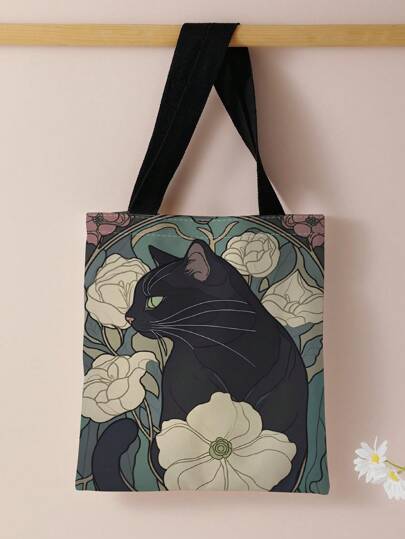 Borsa a tracolla con stampa di gatti stampata su entrambi i lati, borsa casual da viaggio per la spiaggia, ampia capacità, riutilizzabile, borsa a spalla casual da donna, borsa in tela da spiaggia di grande capacità, borsa da shopping con stampa per donne, borsa a spalla da donna per la spesa