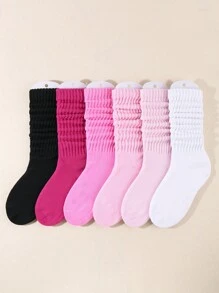 6 pares de calcetines de punto holgados para mujer de otoño e invierno, calcetines arrugados de mujer, calcetines de mujer con lazo, calcetines de mujer de tripulación en color rosa