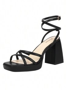 Reitoye Summer Women's Platform Strappy Heels Sandals Prom Square Toe Chunky Heel Ankle Strap Gold Heels Wedding Shoes - 黑色 - 查看 9