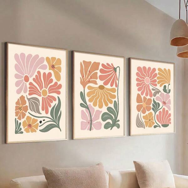 Set de 3 carteles de arte abstracto botánico floral bohemio sin marco, impresión de lienzo del mercado de flores vintage, pintura minimalista de imagen de pared moderna de decoración para sala de estar dormitorio