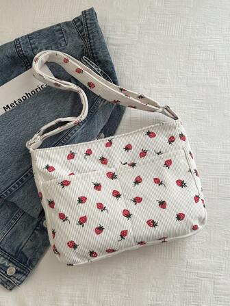 1pc Strawberry Shaped Corduroy Women Shoulder Bag With Adjustable Strap, Cute Floral Canvas Handbag For College/High School/University Student, Mult-Pocket Backpack For Girls Travel/Shopping/ Diaper Bag With Zipper, & Cute Strawberry Purse Valentines