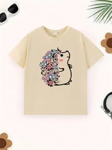 Young Girl Cute Hedgehog Print T-Shirt, Casual Round Neck Pullover, Summer