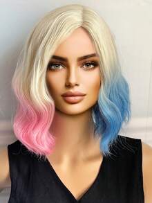 Natural Matte Dyed Clown Synthetic Wig Female Beige Gradient Blue Pink Left And Right Combination Water Wavy Short Hair Medium Length Side Part No Fringe Suitable For Everyday Wear Party Wig Cosplay Short Bob Wig - Two-Tone - View 3