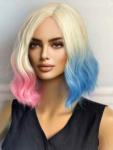 Natural Matte Dyed Clown Synthetic Wig Female Beige Gradient Blue Pink Left And Right Combination Water Wavy Short Hair Medium Length Side Part No Fringe Suitable For Everyday Wear Party Wig Cosplay Short Bob Wig - Two-Tone - View 9