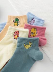 10 Pairs Of Women's Randomly Dispatched Interesting Cartoon Embroidered Short Socks With Cute Dinosaur Patterns Are Suitable For Daily Casual Wear, Fall