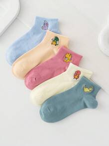 10 Pairs Of Women's Randomly Dispatched Interesting Cartoon Embroidered Short Socks With Cute Dinosaur Patterns Are Suitable For Daily Casual Wear, Fall