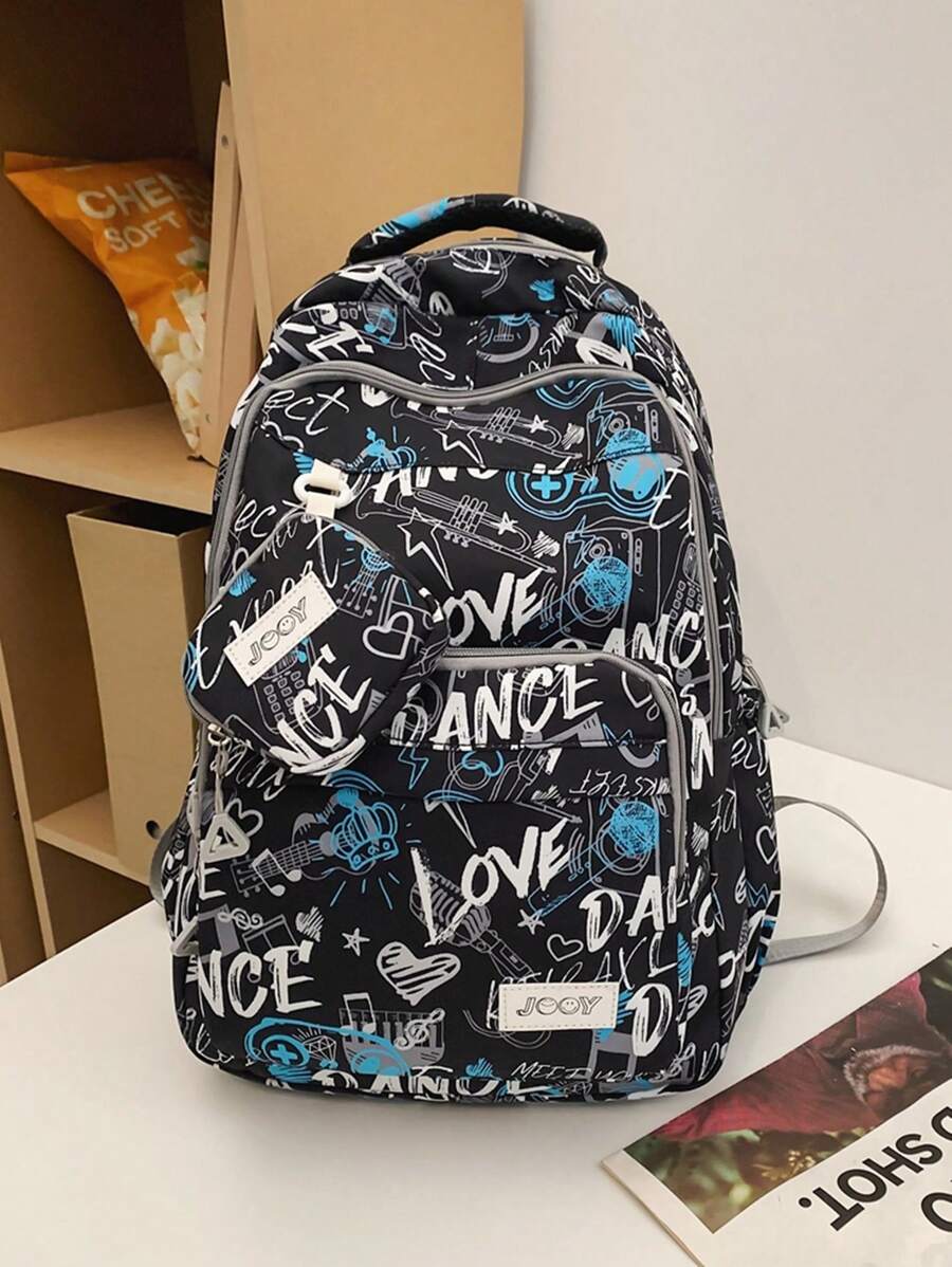 男孩時尚卡通字母休閑背包，尼龍防水中學生校園書包，青少年筆電周末夏季假日文件旅行Kpop個性化禮物男士男友爸爸丈夫 - 藍色 - 查看 1