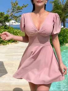 2025 New Korean INS Cute Modest Sexy V-Neck Short Sleeve Tummy Control One-Piece Swimsuit For Women - Dusty Pink - View 2