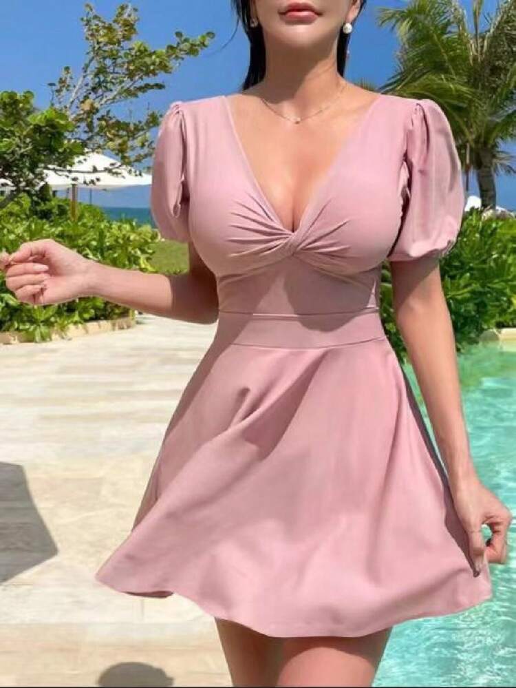 2025 New Korean INS Cute Modest Sexy V-Neck Short Sleeve Tummy Control One-Piece Swimsuit For Women
