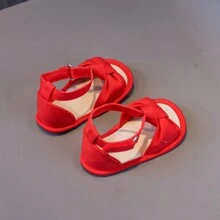 1pair Girls' Bow Knot Canvas Shoes With Strap Design, Flat Cute Sandals, Suitable For Summer - Red - View 3