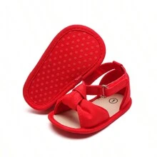 1pair Girls' Bow Knot Canvas Shoes With Strap Design, Flat Cute Sandals, Suitable For Summer - Red - View 5