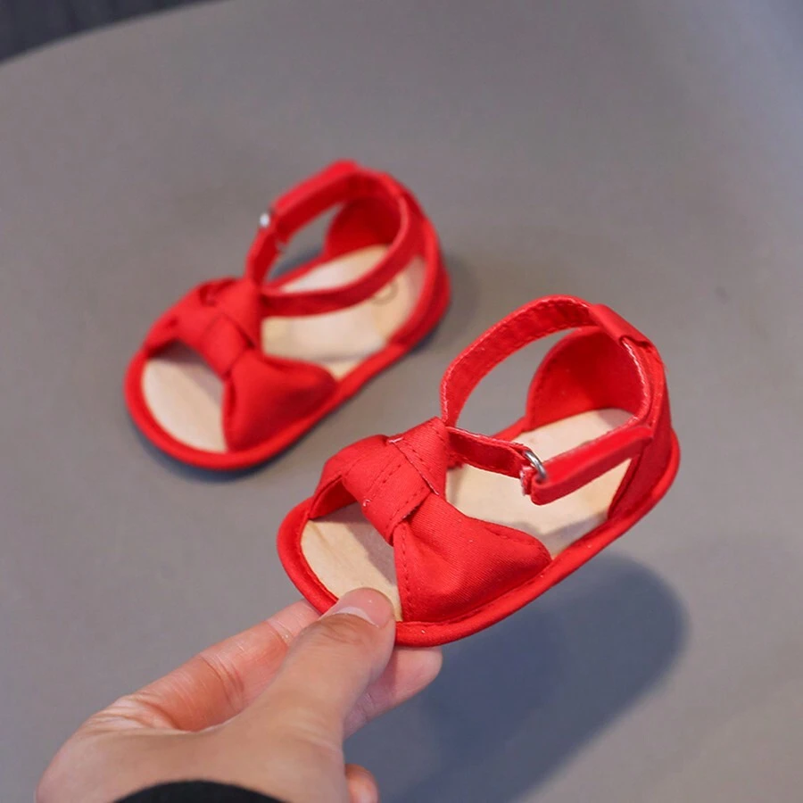 1pair Girls' Bow Knot Canvas Shoes With Strap Design, Flat Cute Sandals, Suitable For Summer - Red - View 1