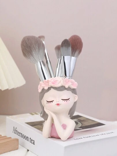 1pc Fairy Maiden Design Makeup Brush Storage Cylinder Rotating Dustproof Eye Brow Pencil Brush Holder For Dressing Can Be Used For Pen Holders And Vases