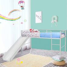 Kids Single Loft Bed, Low Loft Bed Steel Frame W/ 4-Side Guardrails, 2-Step Ladder & Slide - White - View 3