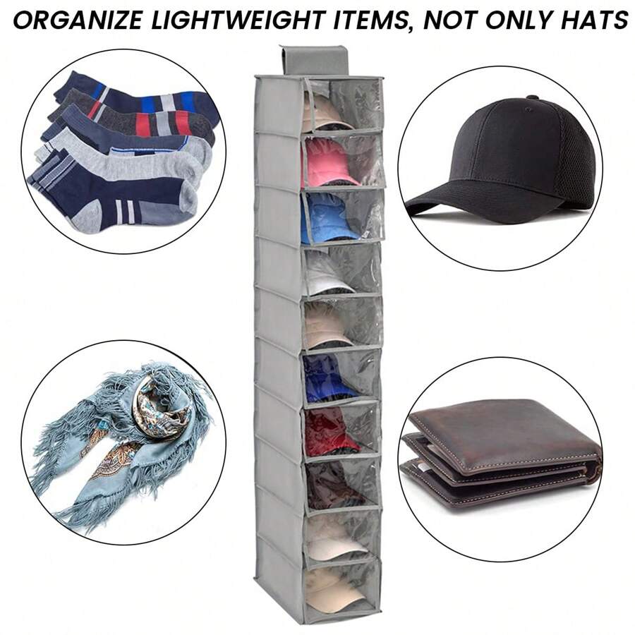 Hat Rack 10 Shelf Hat Rack Organizer For Baseball Caps Display Rack Closet Hanging Hat Organizer With Dust Cover Cap Holder Hat Storage Rack With 10 Pockets Toy Storage Organizer Hat Hanger - Grey - View 1