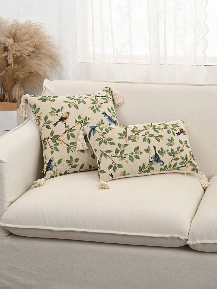 1 件喜鹊树枝提花枕套或腰垫，适用于卧室、客厅、沙发 - 彩色 - 查看 1