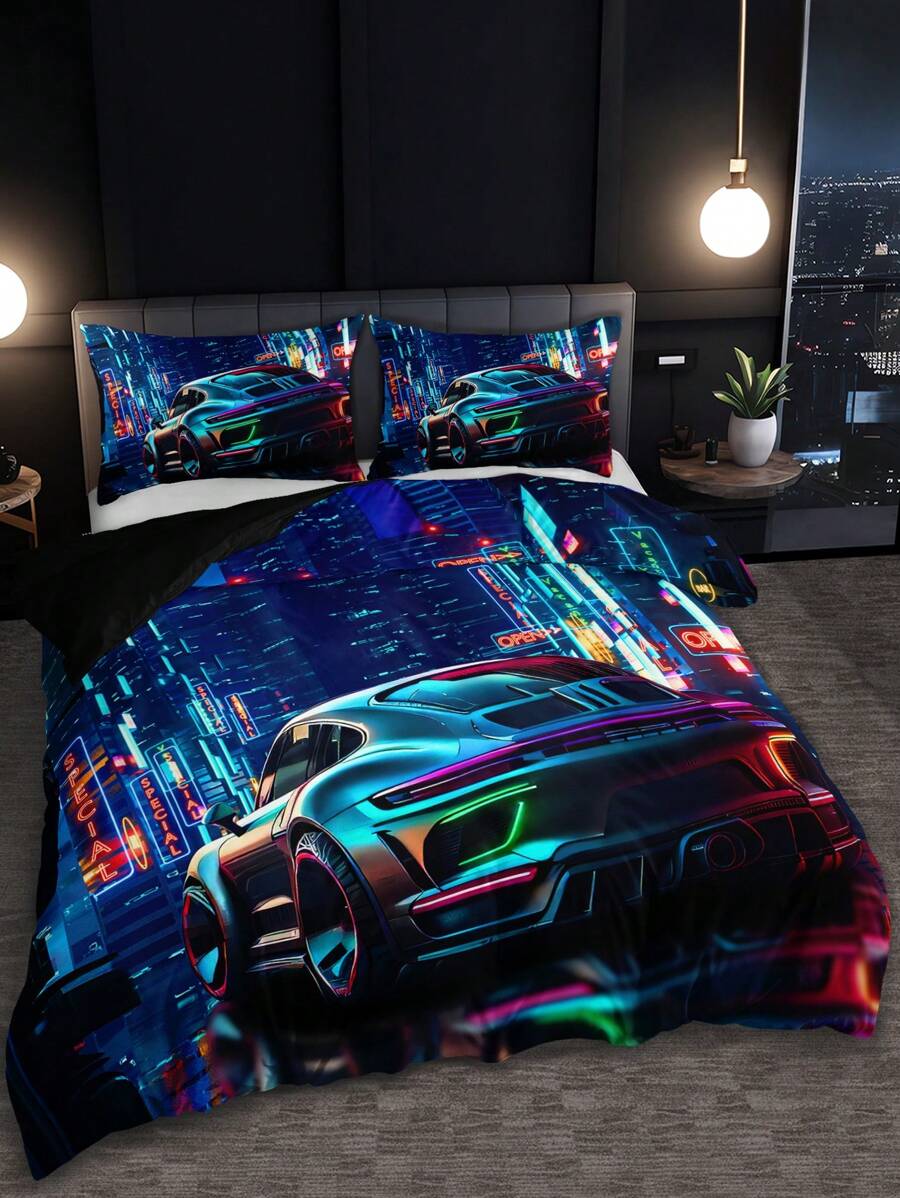 3PCS Cool Racing Car Print Bedding Set (1 Duvet Cover, No Filling & 2 Pillowcases, No Filling). HD Print For Home Or Dorm Room