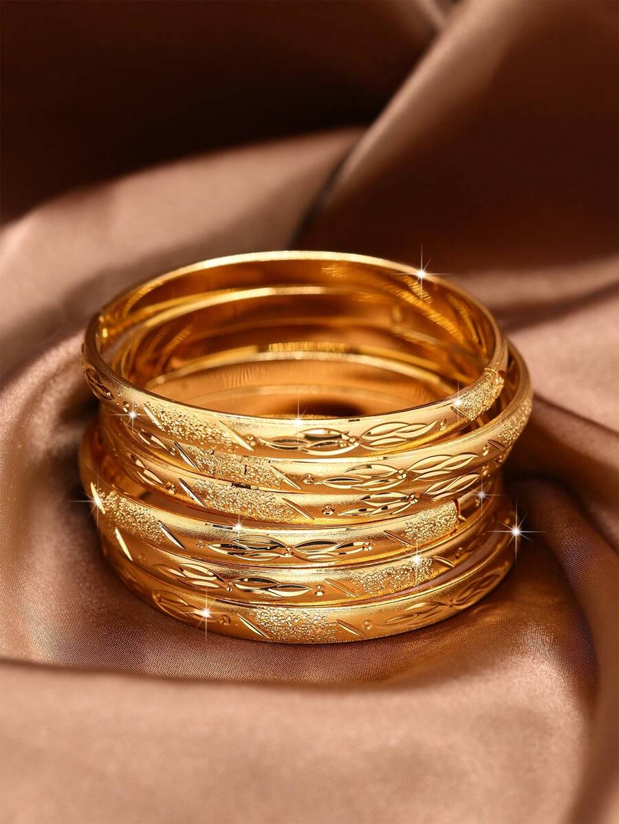 1/3/6 件 24K 镀金手工雕刻手镯（6 毫米宽），适合女性日常佩戴礼物，不含包装盒 - 金黃色 - 查看 1
