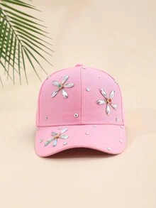 Gorra deportiva ligera y elegante para mujer, de color rosa, con diseño en forma de flor decorado con diamantes de imitación y con funcionalidad de protección solar - Rosa - Ver 1