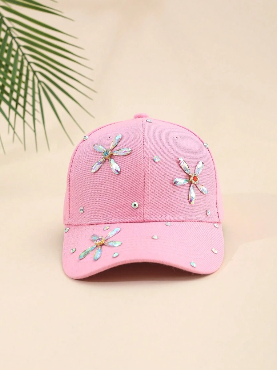 Gorra deportiva ligera y elegante para mujer, de color rosa, con diseño en forma de flor decorado con diamantes de imitación y con funcionalidad de protección solar - Rosa - Ver 1
