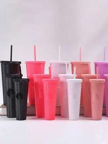 Large Capacity Durian Cup Double-Layer Plastic Cup With Straw Creative Diamond Grain Water Cup 450ml/700ml/1100ml - Pink - View 1