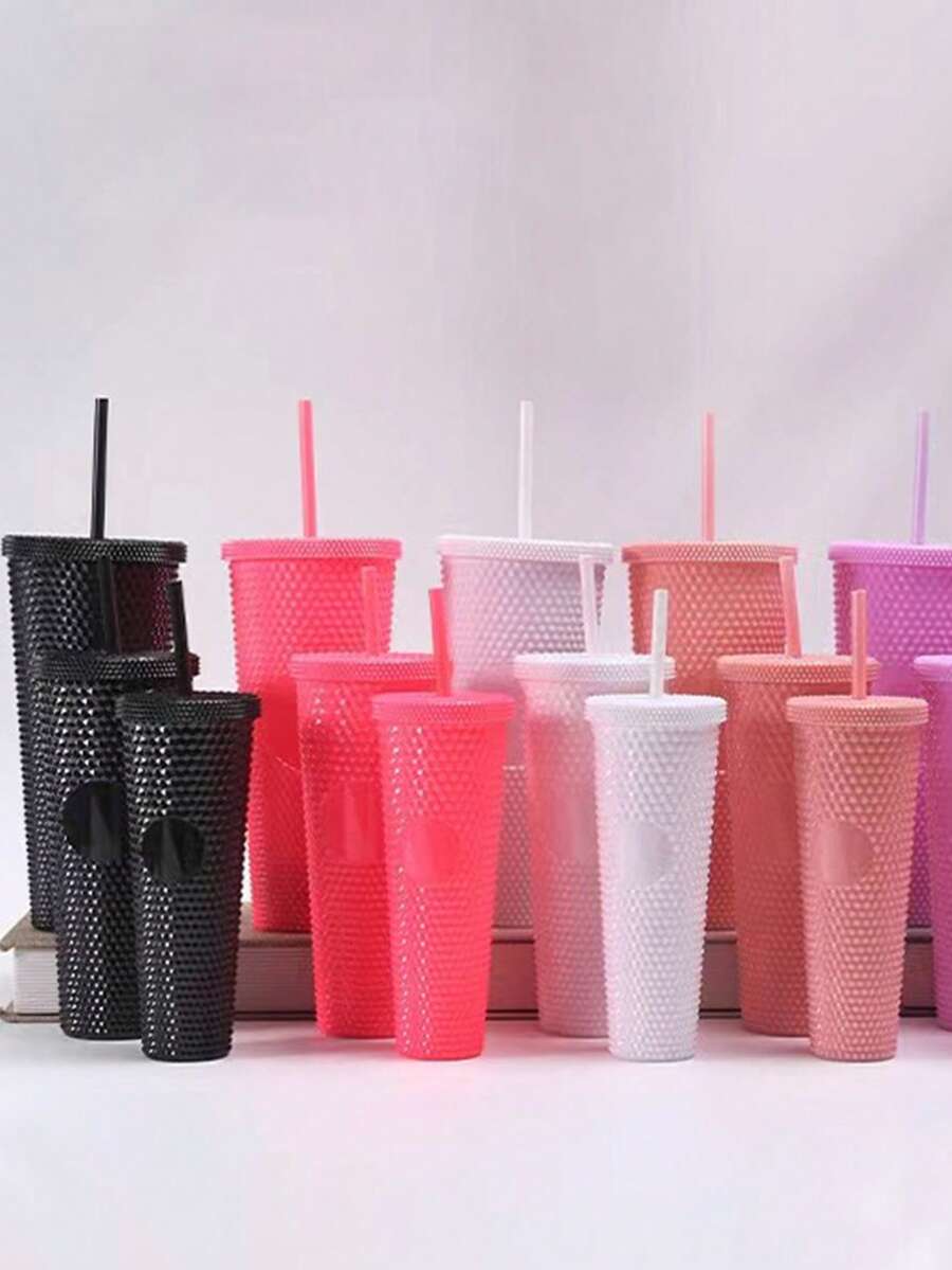 Large Capacity Durian Cup Double-Layer Plastic Cup With Straw Creative Diamond Grain Water Cup 450ml/700ml/1100ml - Pink - View 1