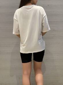 Big Shoulder Short SleevesT-Shirt Drop  Pure Colour Black Summer Relaxed Leisure - White - View 5
