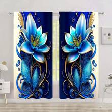 2PCS Blue Three-Dimensional Flowers, Rod Pocket Installation, Digital Printing Curtains, Polyester Material, Suitable For Living Room, Wardrobe, Kitchen, Bedroom, Study, Dining Room, Home Decoration - Blue - View 4