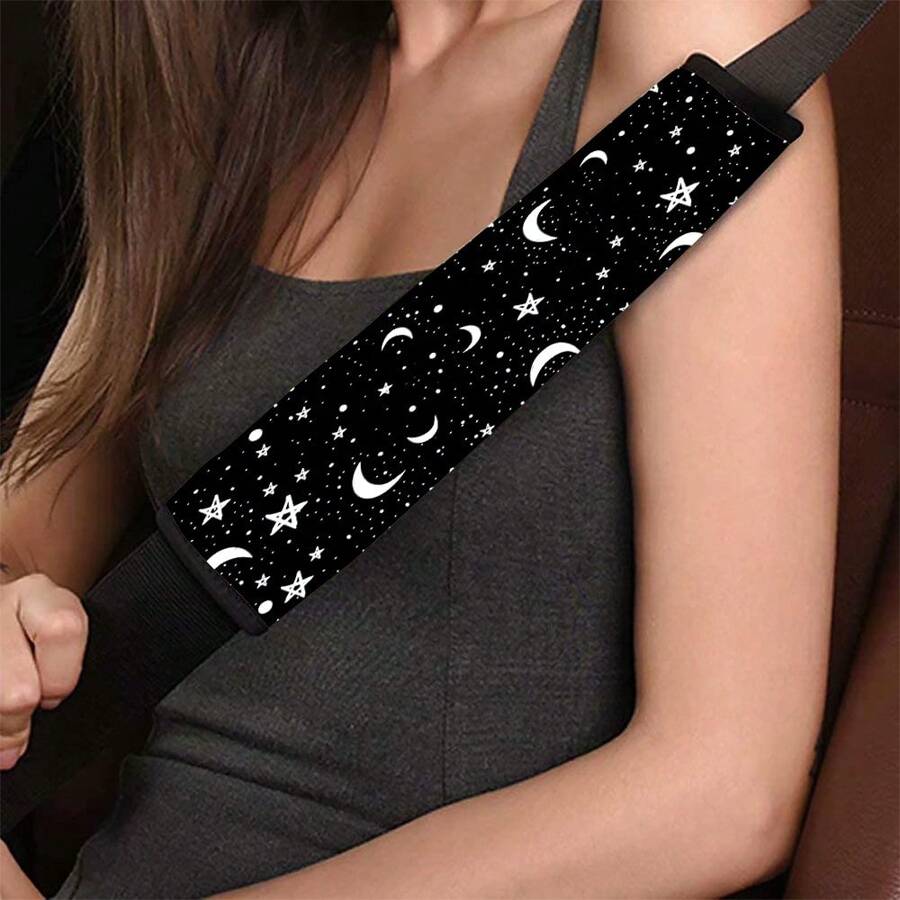 1pc Unique Star & Moon Printed Car Seat Belt Shoulder Pad Cover, Car Interior Shoulder Cushion Cover
