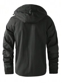 LEDUNTINO [Spring/Summer] Men's Fashion Zip Up Casual Outdoor Jacket, Solid Color, Cargo Style, Ideal For Husband Or Boyfriend Gift, Men's Lightweight Windproof Spring Autumn Windbreaker Jacket With Detachable Hood, Multi-Pocket Design, Hook And Loop Cuffs - Black - View 2