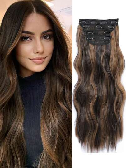 4Pcs  Clip in Hair Extensions Clip in Long Wavy Extensions Thick Long Hairpieces for Women Full Head 20 Inch Dark Brown with Auburn Brown Highlights