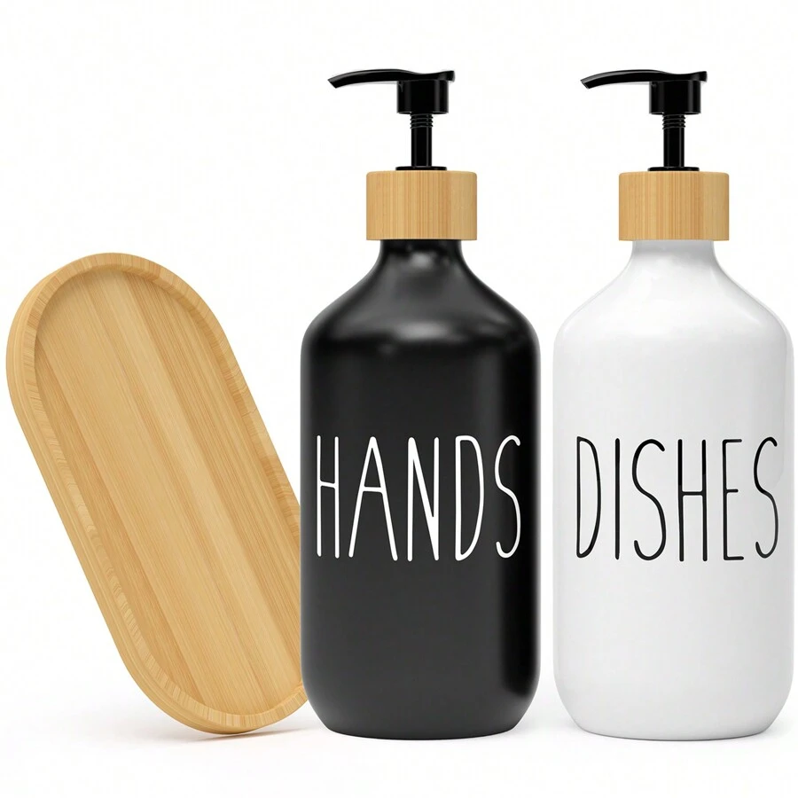 Set Of 2 Black And White Frosted Soap Dispensers With Tray, Countertop Liquid Bottle With Pump, Reusable Container For Shampoo, Conditioner, Shower Gel, Bathroom Accessories, Home Decor, Household Items Home Bathroom Decor Fall Decor Back To School - Black and White - View 1