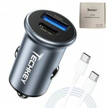 Cargador rápido de coche de aleación de aluminio de 38W con QC3.0 + PD, pequeño y portátil, con 2 puertos USB tipo C, incluye cables de datos