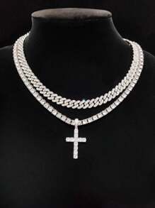 4 Styles Optional, Rhinestone Cross Pendant And Malachite Chain Necklace Set, Unisex Fashion Jewelry For Daily Wear And Parties, Ideal Gift For Couples - Silver - View 13
