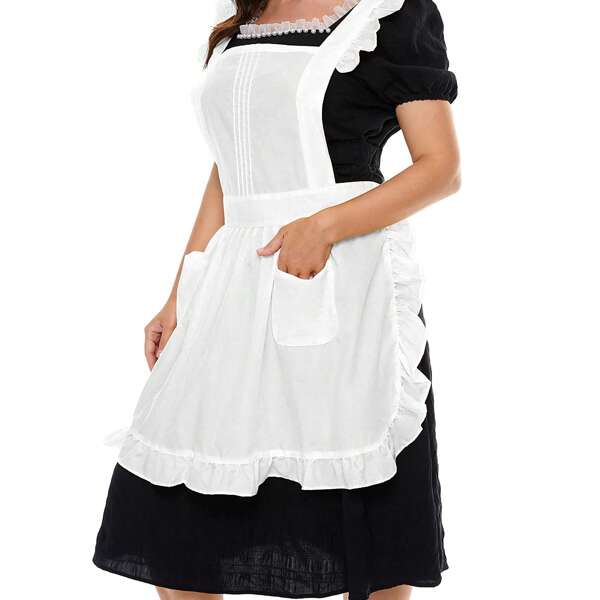 1 Stück weißer Rüschen-Schürze mit Tasche, einstellbare vintage gefaltete Schürze zum Kochen, Backen, Reinigen, als Hausmädchen-Kleid, süße retro Küchenschürze, geeignet für Frauen und Mädchen, viktorianische Butlerschürze