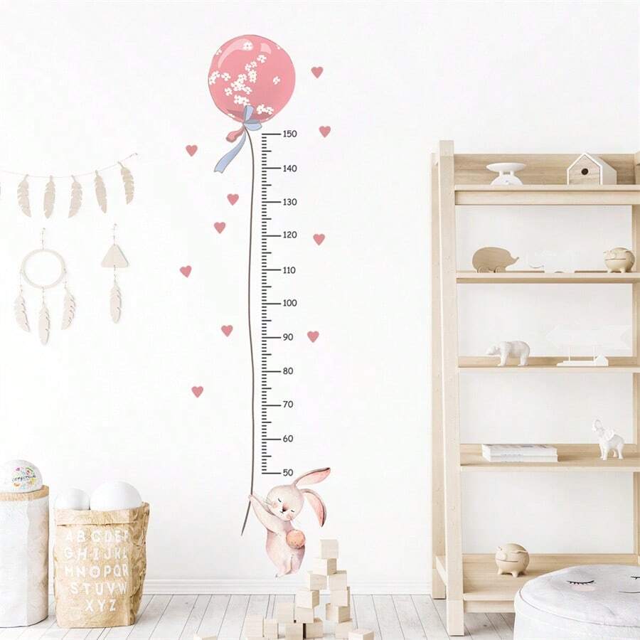 1set Cartoon Rabbit & Pink Balloon Height Measurement Wall Sticker, Self-Adhesive Nursery Room Decorbaby Shower Family Decorations Gifts - Pink - View 1