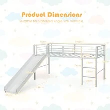 Kids Single Loft Bed, Low Loft Bed Steel Frame W/ 4-Side Guardrails, 2-Step Ladder & Slide - White - View 2