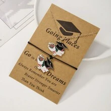 2pcs/Set Necklace + Bracelet, New Graduation Season Card Bracelet With Golden Flower, Doctoral Cap Rope Braid Graduation Bracelet Greetings Gift, College Style Jewelry, Versatile Accessories For Friend And Festivals