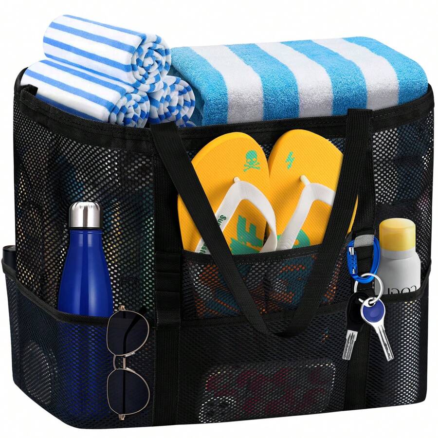 Hatisan Large Beach Bag Beach Essentials, Mesh Beach Bag Oversized Beach Tote 9 Pockets Beach Toy Bag For Travel Picnic Vacation - 黑色 - 查看 1