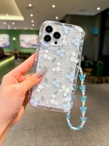 Funda de teléfono con flores, colgante de teléfono de verano con diseño de ola floral azul dulce, funda de teléfono anti-caída con cordón de mariposa de moda compatible con iPhone 16, 14 Pro Max, 13 de alta calidad, 15 de novia, 11 de nicho, 13 Pro Max de alta gama, 12/12 Pro transparente, 12 Pro Max fresco, 16 resistente al agua, a los golpes y a los arañazos - transparente - Ver 3