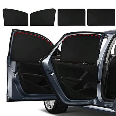 4pcs/Set Car Windshield, Front & Rear Window Ventilation Anti-Mosquito UV-Free Sticking Sunshade Net, Car Sunshade Cloth And Camping Outdoor Sunshade Cloth