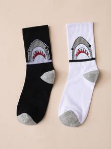 2 Pairs Shark Graphic Sports Casual Mid-Calf Socks