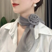 1件裝女士玫瑰花卉素色雪紡絲巾，新款可愛輕盈絲綢圍巾，附長條帶，親膚三角巾，情人節配件 - 彩色 - 查看 2