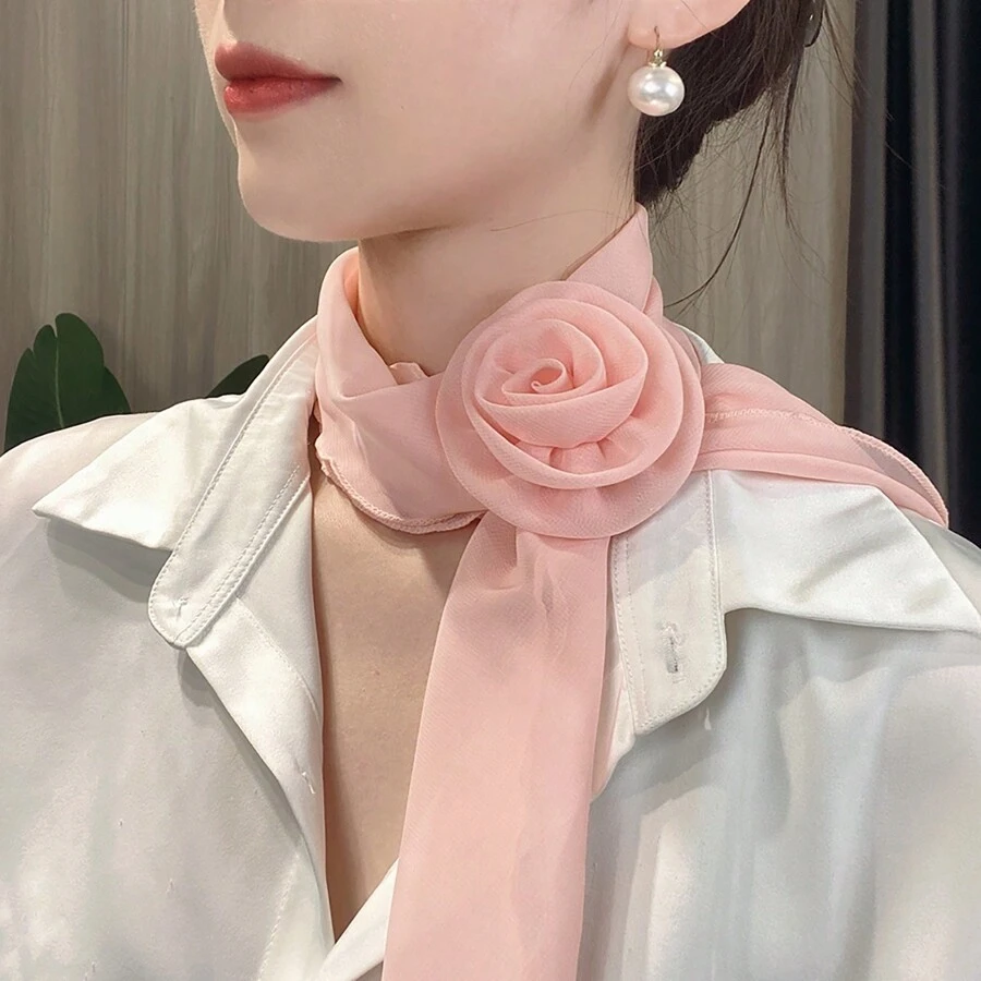 1件裝女士玫瑰花卉素色雪紡絲巾,新款可愛輕盈絲綢圍巾,附長條帶,親膚三角巾,情人節配件 - 彩色 - 查看 1
