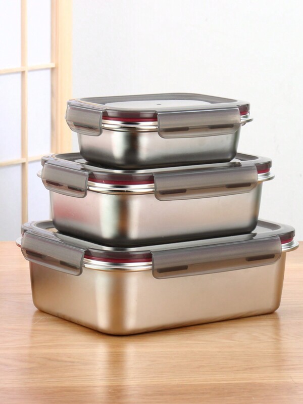 304 Stainless Steel Food Storage Container, Airtight Seal, Portable, Suitable For Refrigerator & Microwave Heating, &