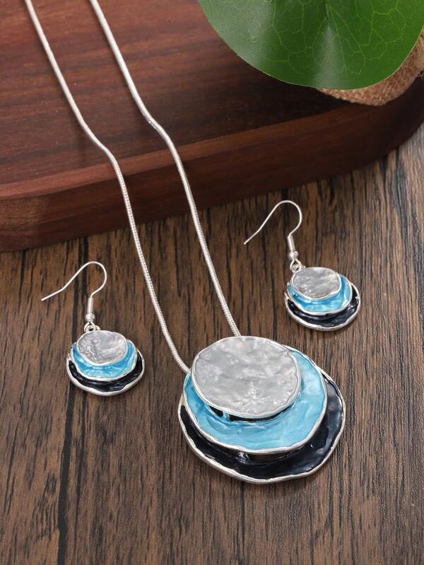 1 Pair Of Earrings And 1 Necklace, Stylish, Fashionable, Elegant, Creative And Original, Exaggerate 3D Zinc Alloy Round Layered Pendant Decoration, With Snake Chain, For Ladies And Girls, Christmas Streetwear Party Gift.