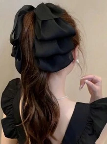 1pc Cute Black Multi-Layered Chiffon Mesh Bow Detail Hair Clip For Little Girls, Lovely Mesh Bow Banana Hairpin Suitable For Daily Use