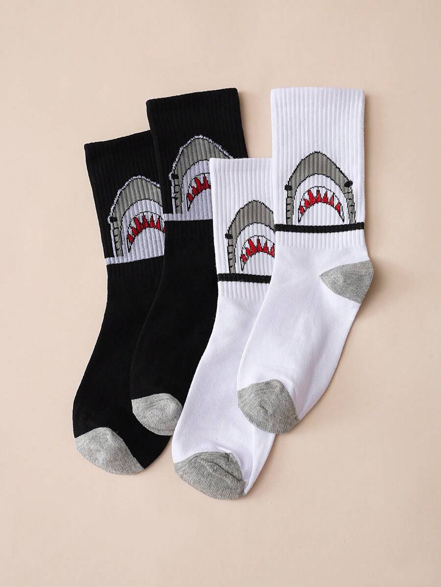 2 Pairs Shark Graphic Sports Casual Mid-Calf Socks